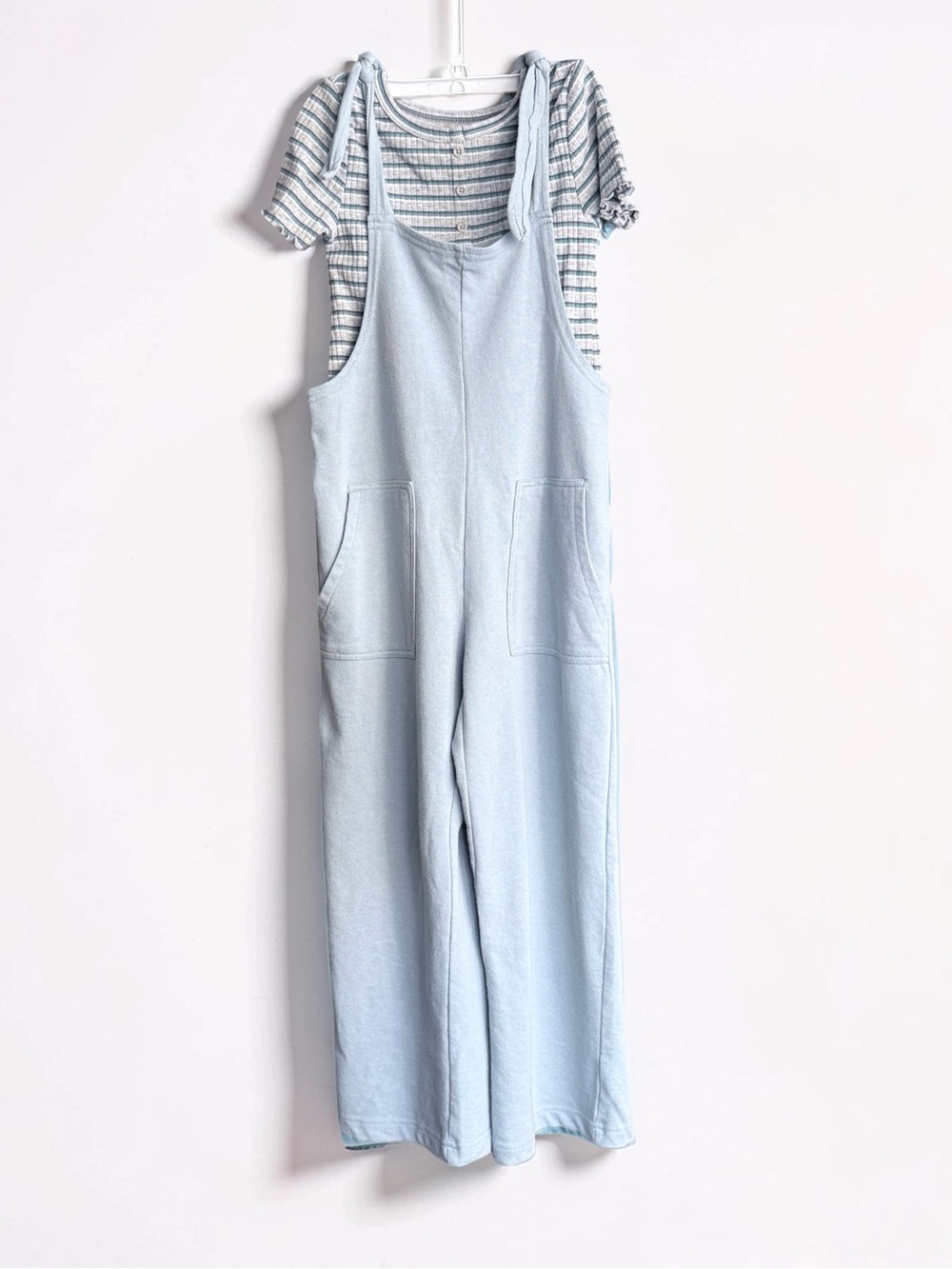 Vanilla Star Light Blue Knit Overalls with Striped Tee